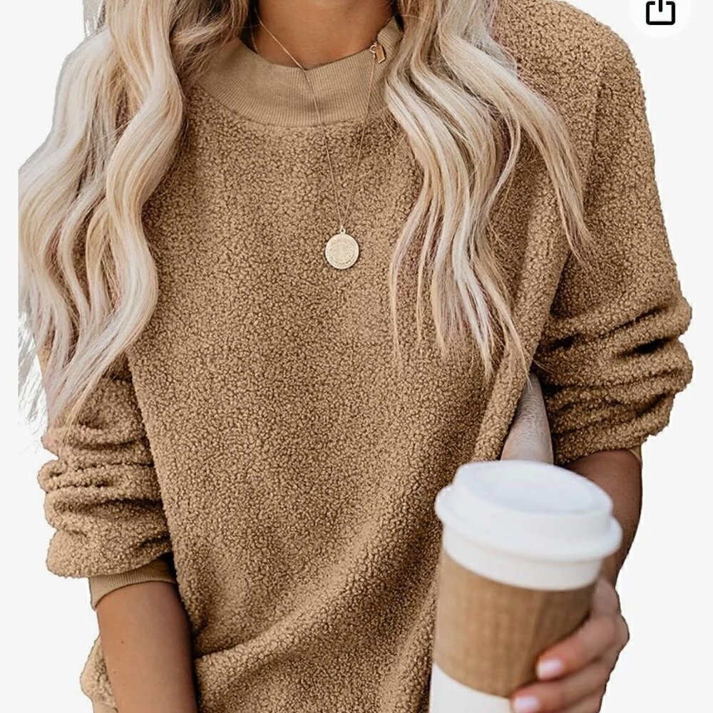 Women's Long Sleeve Crewneck Sherpa Pullover Camel Size M EUC